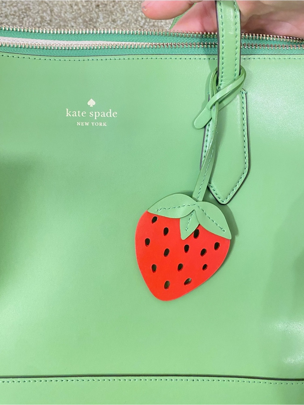 kate spade bright green tote with strawberry charm - Picture 7 of 7
